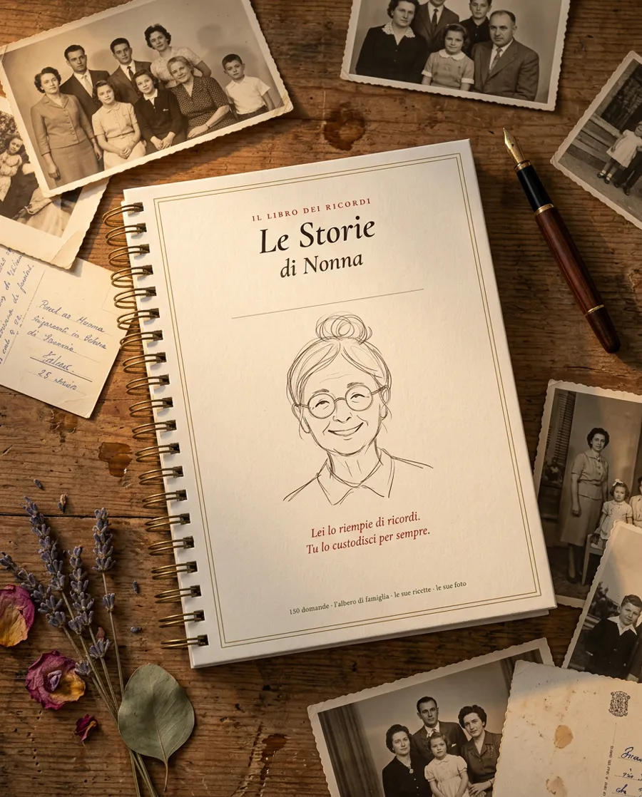 Vecchie foto di famiglia in bianco e nero intorno al libro Le Storie di Nonna