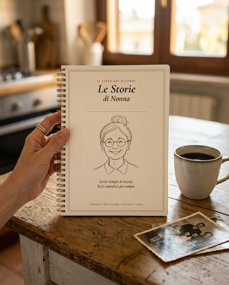Le Storie di Nonna stampato e rilegato a spirale, sul tavolo della cucina